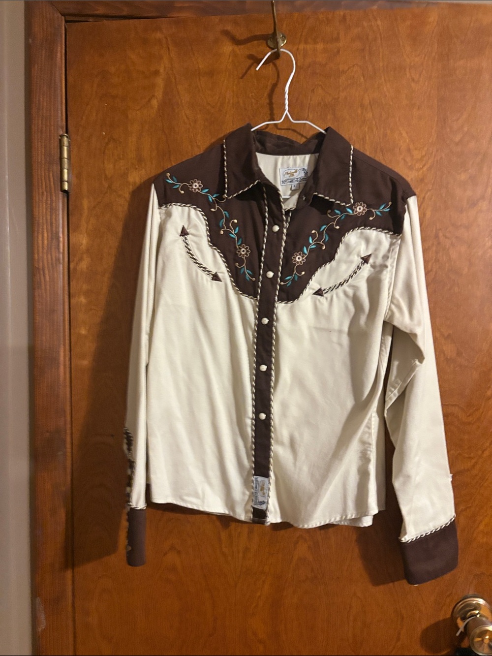 Panhandle Slim Cream and Brown Western Embroidered Snap Shirt